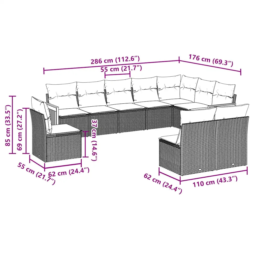 Set Divani da Giardino 10pz con Cuscini in Polyrattan Nero