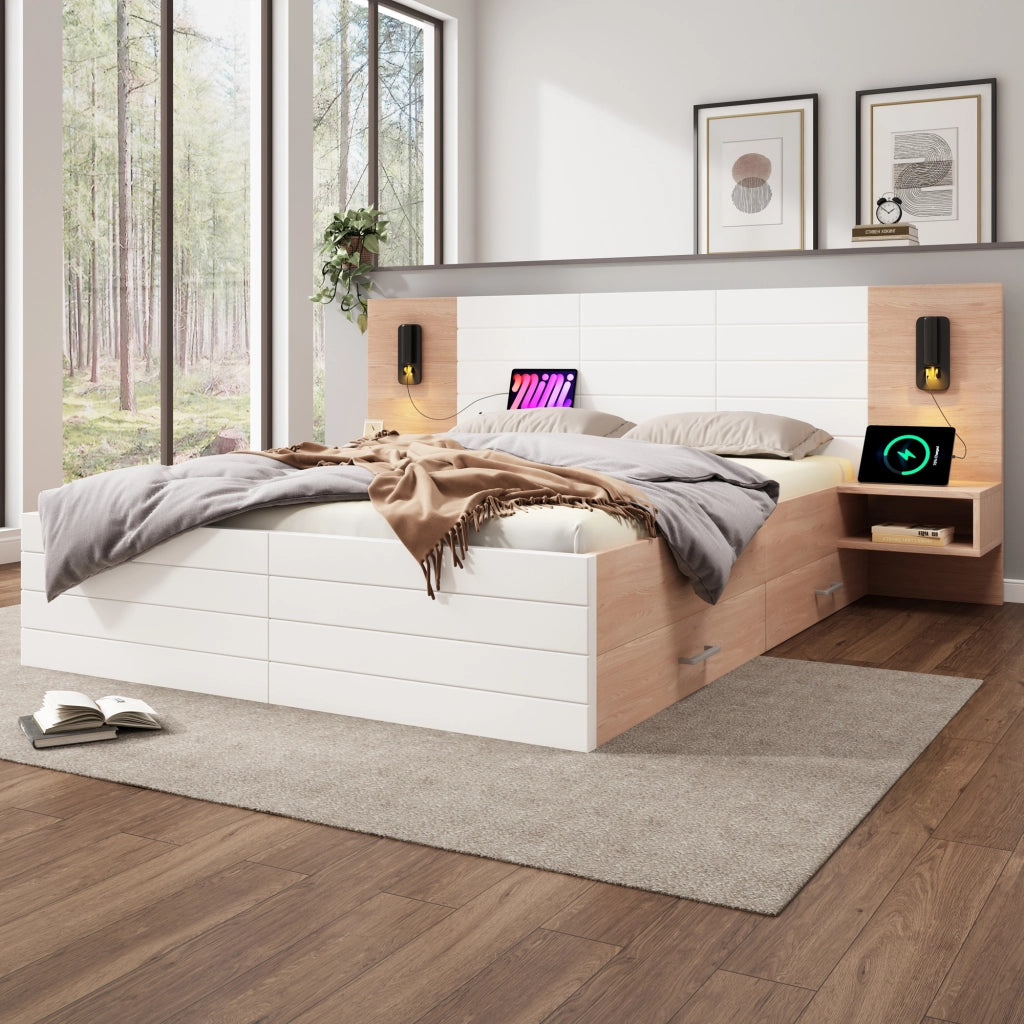 DESMIU Letto con cassetti letto matrimoniale 2 posti con 2 cassetti, lampada da lettura e USB, 180 × 200 cm, senza materasso