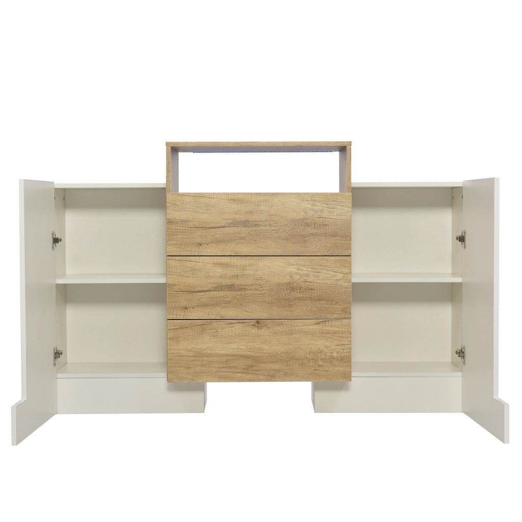 Sideboard moderno - Zephmum - 140cm - Bianco lucido e colore legno - Effetti luce LED multicolore