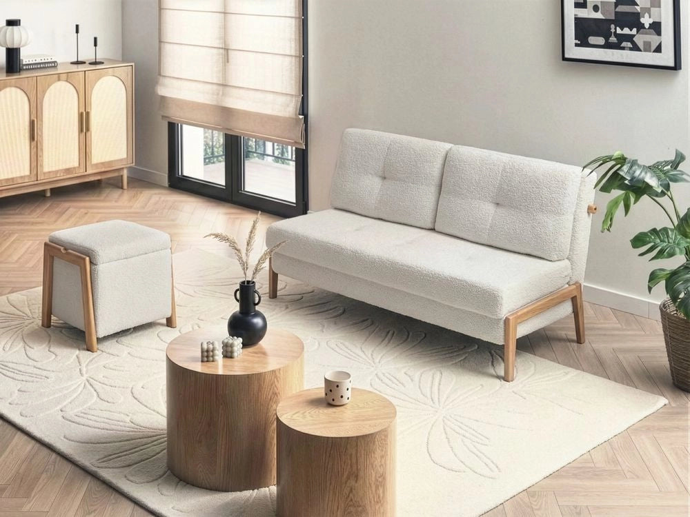 Set divano e pouf Bouclé bianco imbottito Gambe in ferro Funzione letto Contenitore aggiuntivo Stile moderno