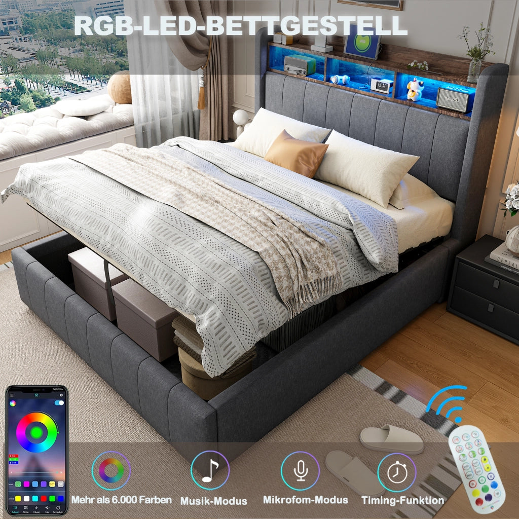 LETTO Imbottito 140x200 cm Grigio con LED, USB, Tipo C e vano contenitore