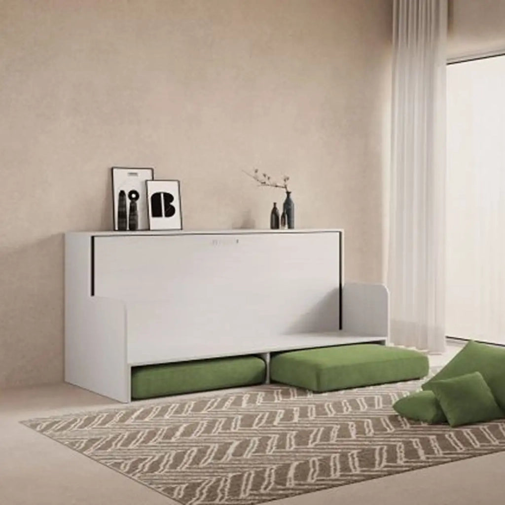 Letto singolo a scomparsa Kando con divano bianco frassino, verde