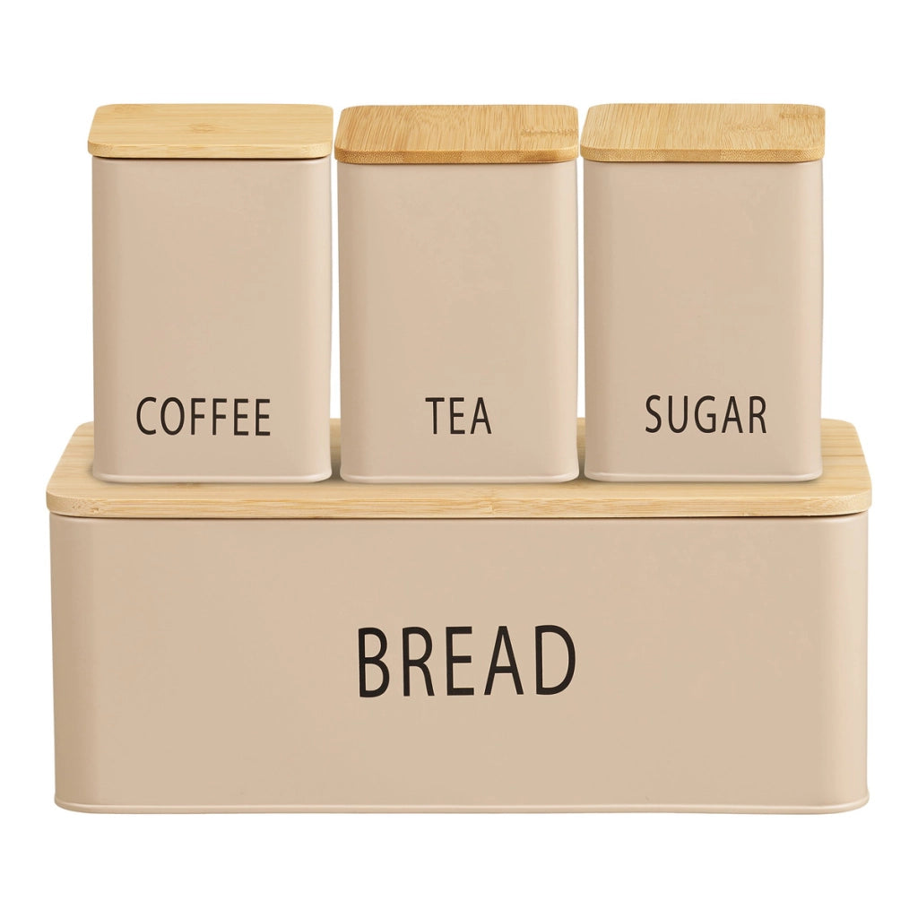 Set cucina Tula: panettiera e 3 contenitori in metallo beige e bambù