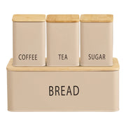 Set cucina Tula: panettiera e 3 contenitori in metallo beige e bambù