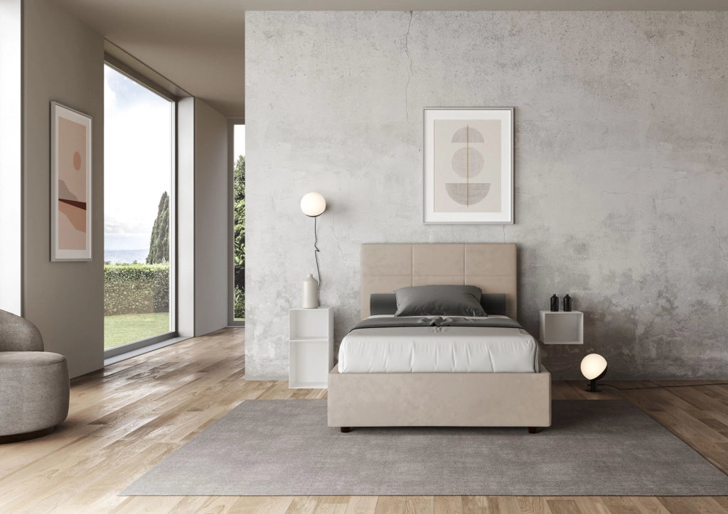 BS COM Letto una piazza e mezza con rete imbottito 120x210 microfibra sabbia