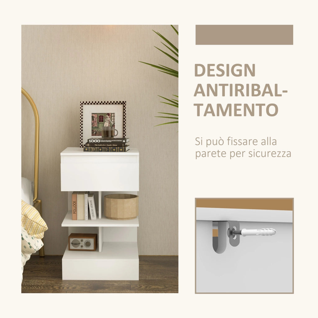 Comodino Moderno in MDF con Cassetto e Ripiani ¨C Zephmum ¨C Bianco 39x39x65