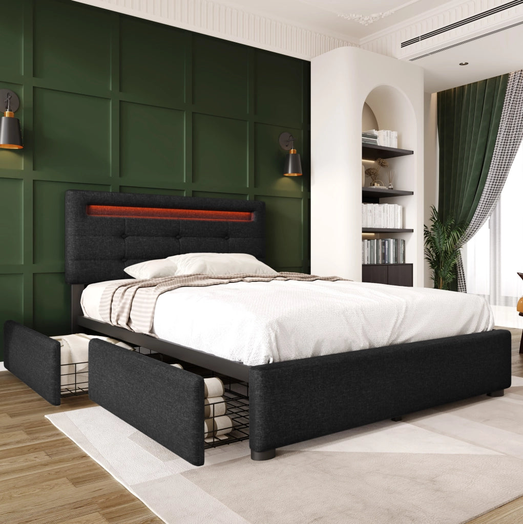 Letto singolo 90x200 cm con LED, 2 cassetti e testiera regolabile