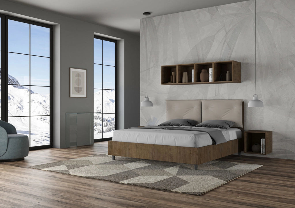 BS COM Letto matrimoniale con rete 160x200 Noce cuscini similpelle tortora