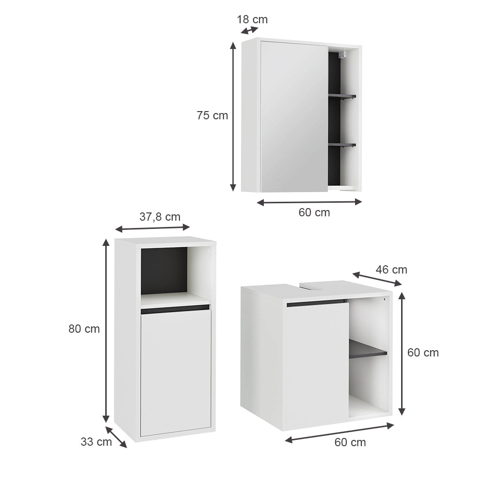 Vicco Set di mobili da bagno Bianco/Grigio 3 parti