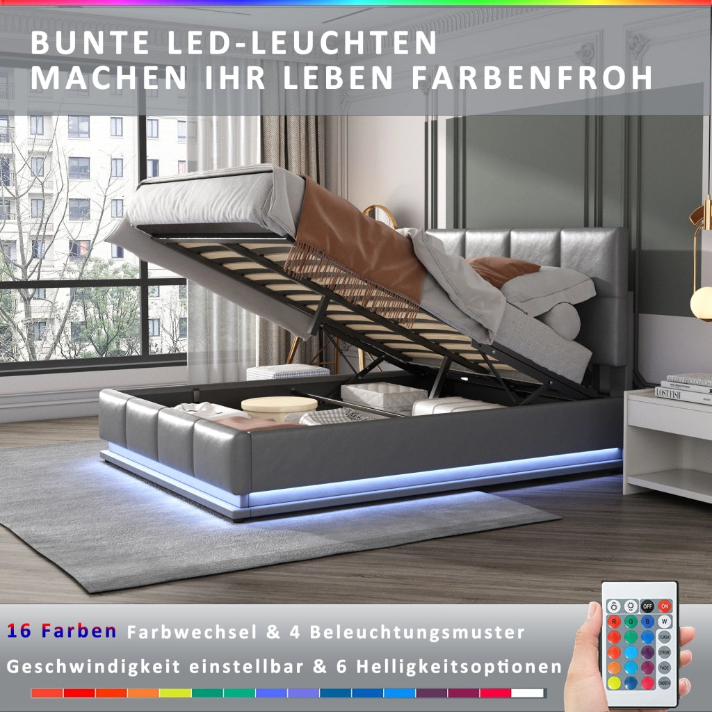 LETTO Imbottito 160x200 cm Grigio con LED e contenitore