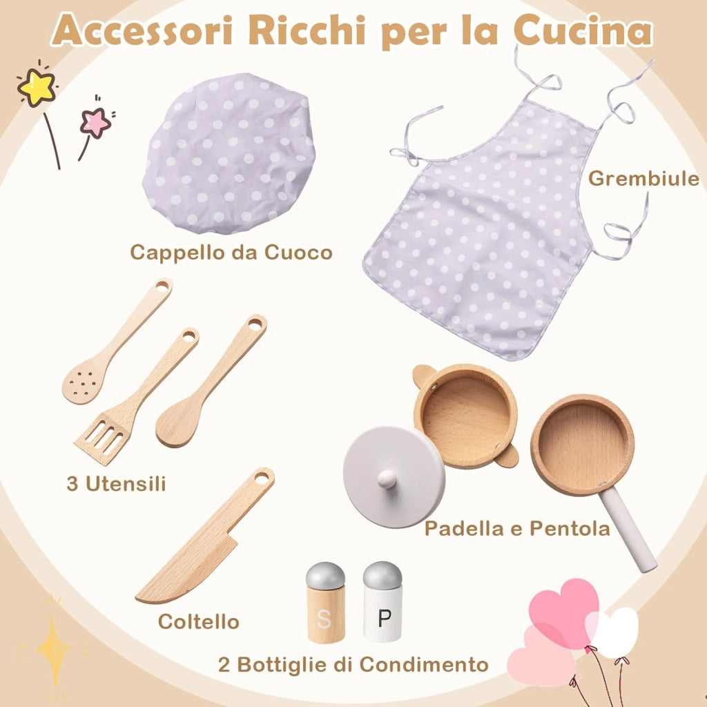 Cucina Giocattolo con Fornelli a Suoni e Luci Reali, Cucina per Bambini in Legno con Lavandelo Estrabile, Rubinetto e Forno, Set Cucina con 11 Accessori, 55 x 31 x 75 cm (Bianco)