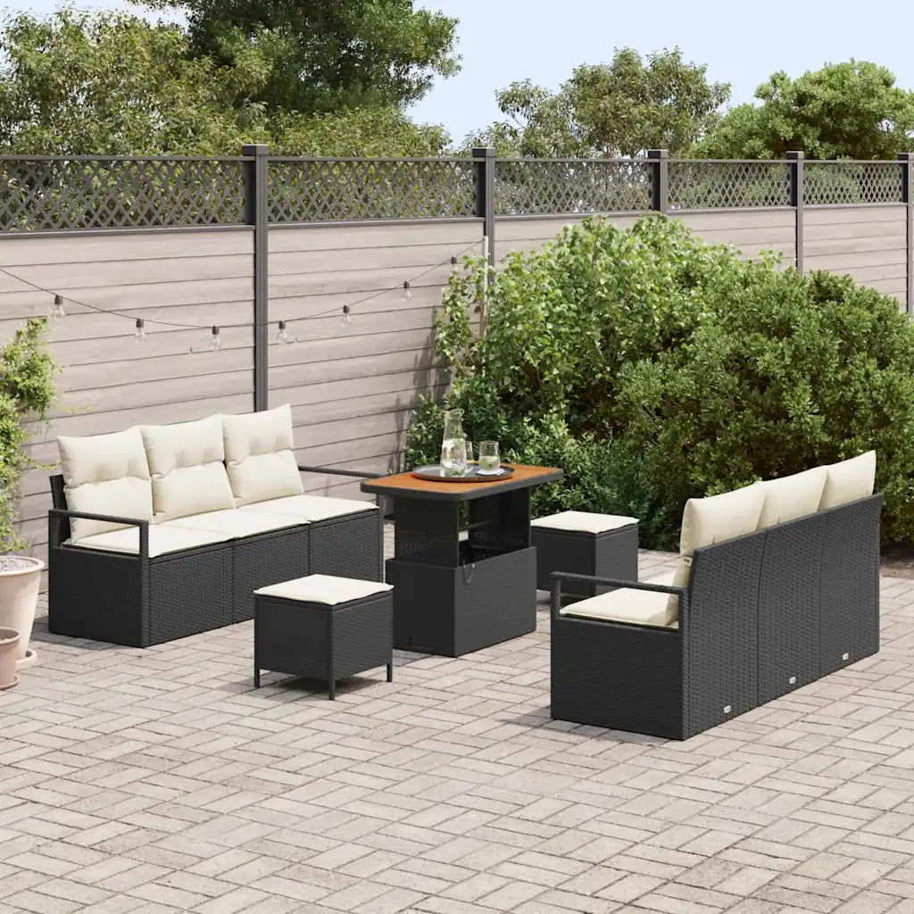 Set Divano da Giardino con cuscino 9 pcs Nero polyrattan