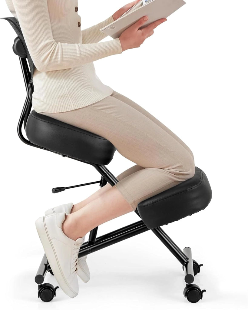 Sedia Ergonomica Inginocchiata con Schienale e Ruote, Sedia da Ginocchio Regolabile Posturale Struttura in Metallo, Sgabello Ergonomica per Casa e Ufficio (con Schienale)