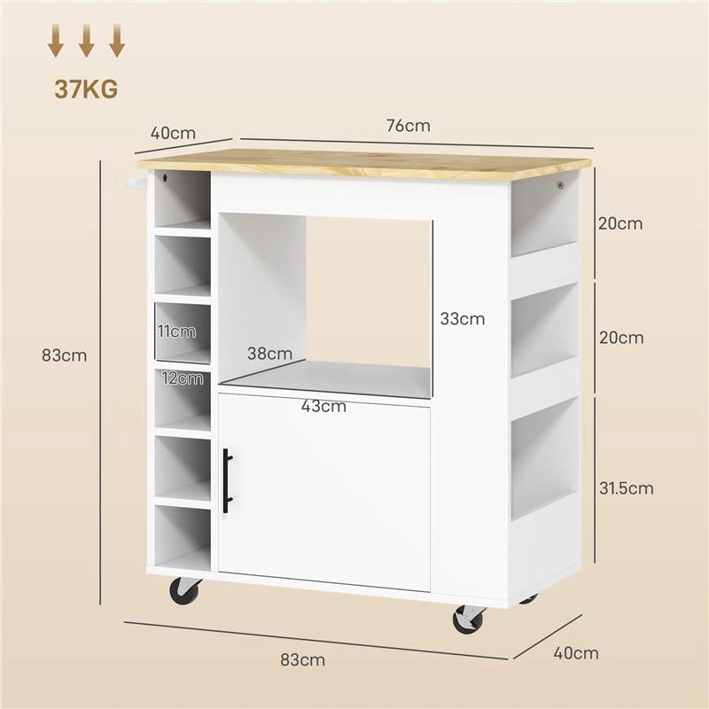 CARRELLO DA CUCINA CON RUOTE RIPIANI ARMADIETTO E PORTABOTTIGLIE 83X40X83 CM ROVERE E BIANCO
