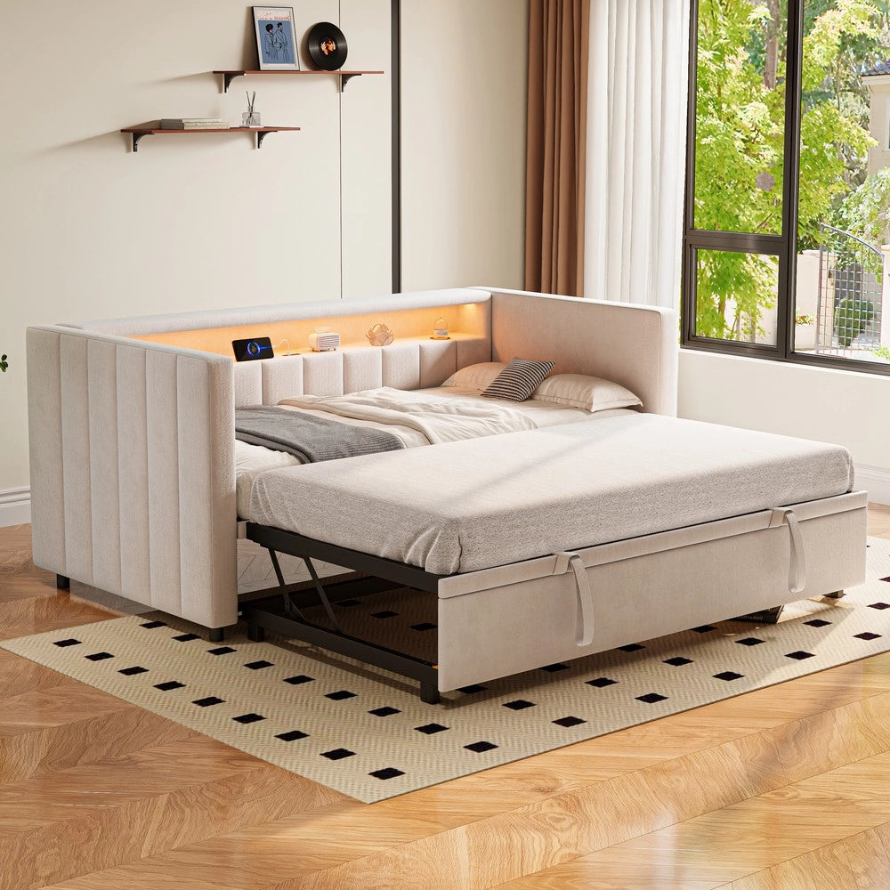 Divano Letto Contenitore 90x190 ¨C MINIMAL ¨C Velluto Beige, LED, USB