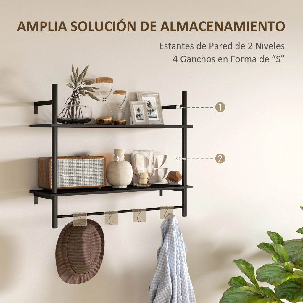 Scaffale a Parete 2 Livelli con 4 Ganci ¨C Minimal ¨C 80x24x65 cm Nero