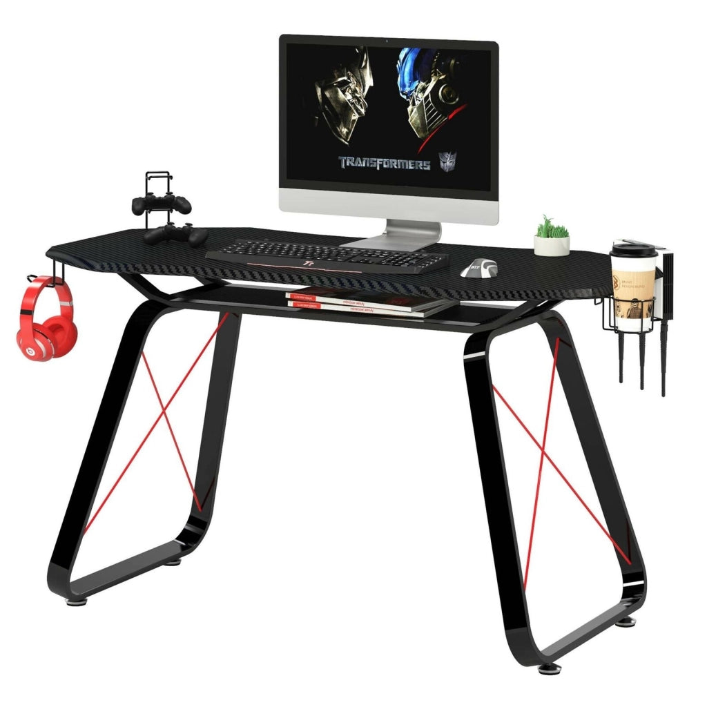 SCRIVANIA GAMING TAVOLO PC COMPUTER ACCIAIO UFFICIO CAMERA CONSOLE CARBONIO NERA