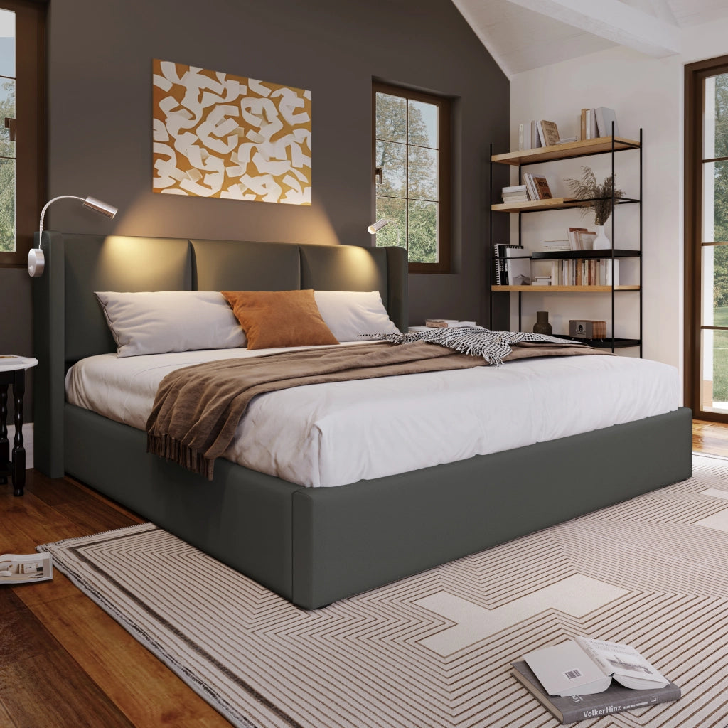 LETTO imbottito 160x200 cm in PU grigio con rete e luce da lettura