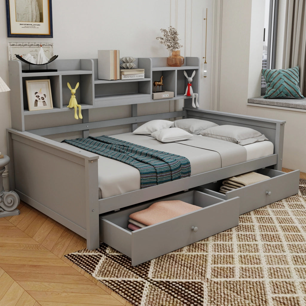 Letto singolo con cassetti e rete a doghe ¨C Minimal ¨C Grigio pino massello 90x200