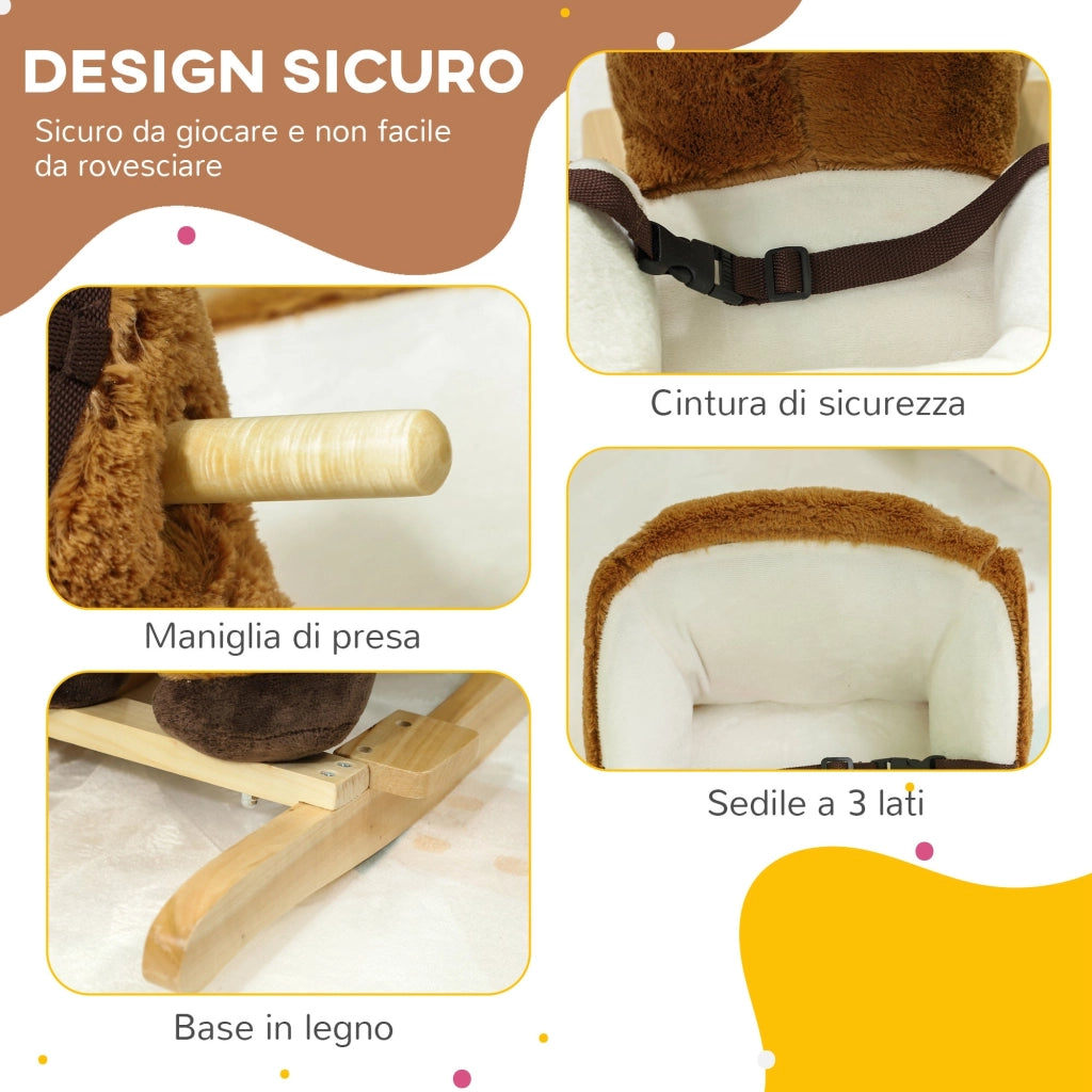 Cavallo a Dondolo per Bambini in Legno e Peluche Cavallo Marrone