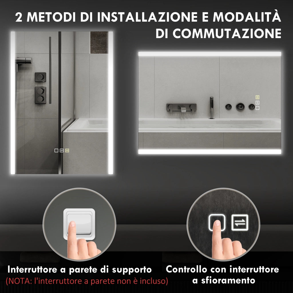 Specchio da Bagno con Luce LED ¨C zephmum ¨C Argento 70x50x3 cm