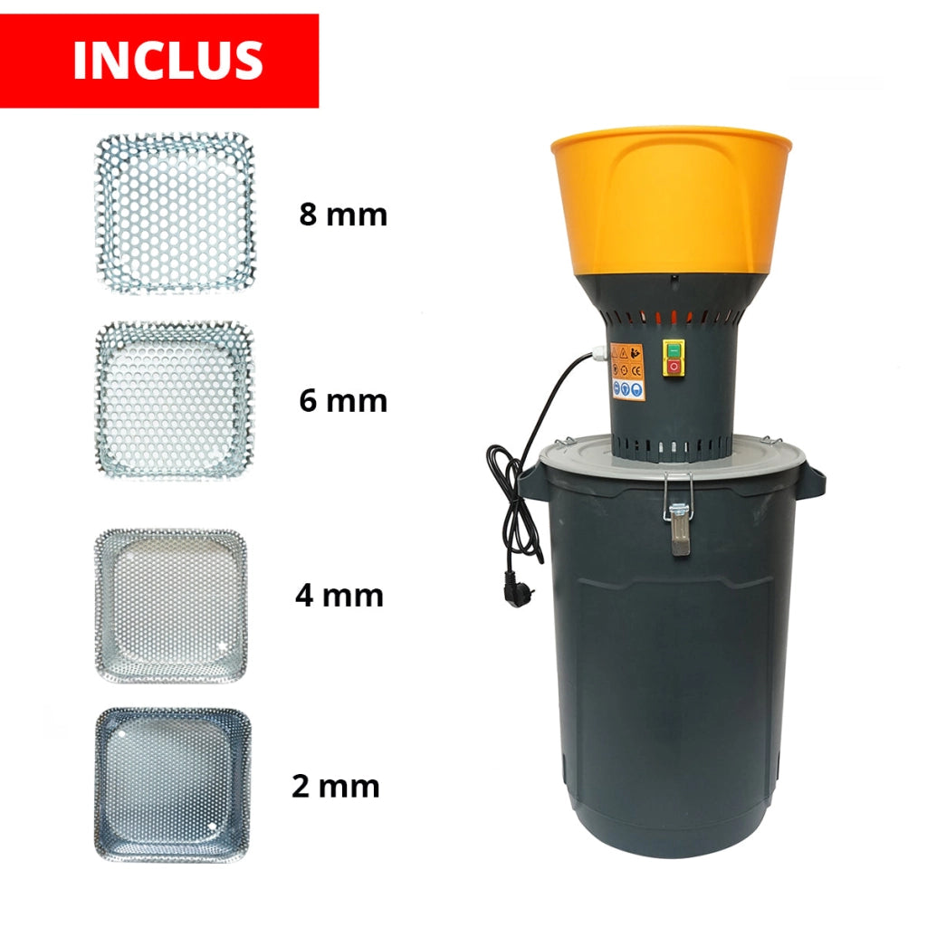 Mulino elettrico per cereali 1,3 KW, 220V, spegnimento automatico, serbatoio 60L, 19000 giri/min, capacità 350 Kg/h, 5 setacci inclusi