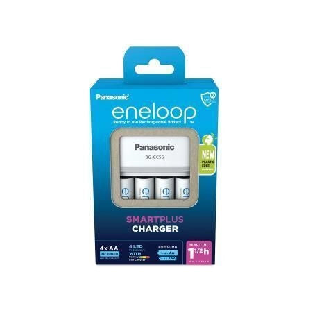 Eneloop K-KJ55MCD40E SmartPlus Caricabatterie per Batterie AA AAA Ni-MH con 4x AA 2000 mAh Ricarica Rapida 1,5 Ore 10 Funzioni Sicurezza colore Nero