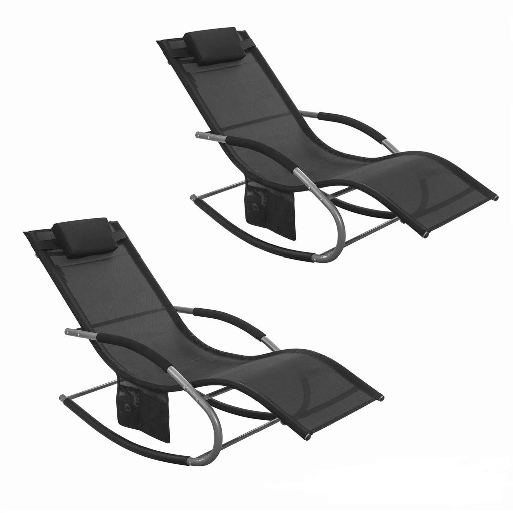 2 x Sedie a Dondolo da Giardino poltrone Esterno con Cuscino e Tasca Laterale Nero OGS28-SCHx2