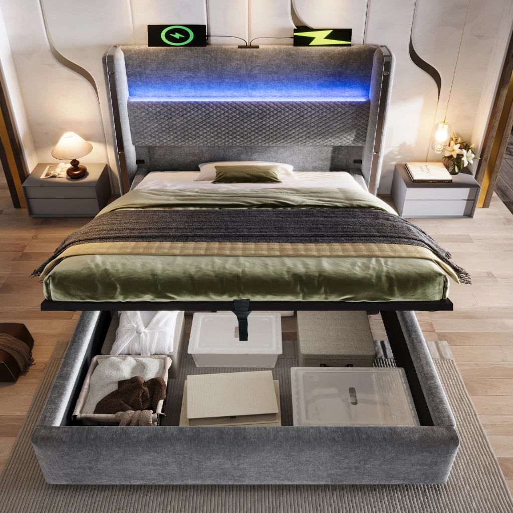 LETTO Contenitore 90x200 cm in Lino Grigio con LED e porte USB/Type-C