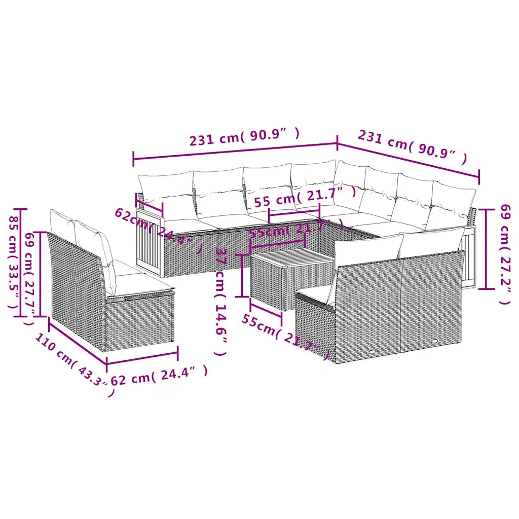 Set Divani da Giardino 12 pz con Cuscini Nero in Polyrattan 3227772