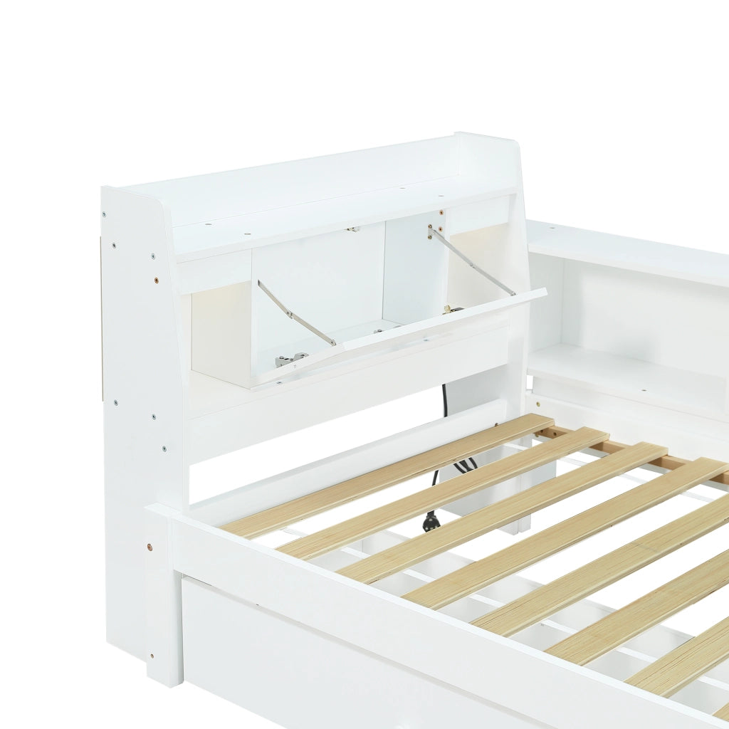 LETTO Singolo 90x200 cm Bianco con testiera, luci e cassetti