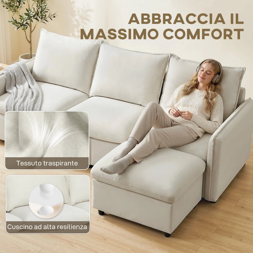 Divano Angolare 3 Posti in Tessuto con Contenitore e Cuscini ¨C Minimal ¨C Crema