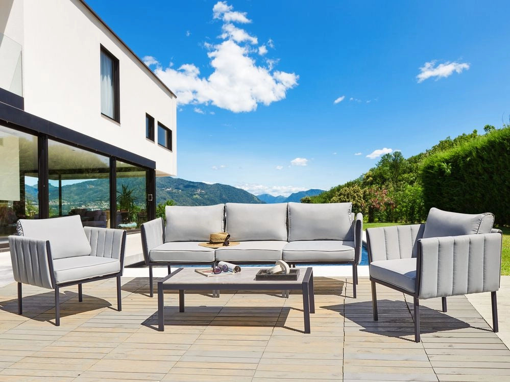 Set da giardino 5 posti con divano 2 poltrone grigio chiaro in acciaio con Cuscini