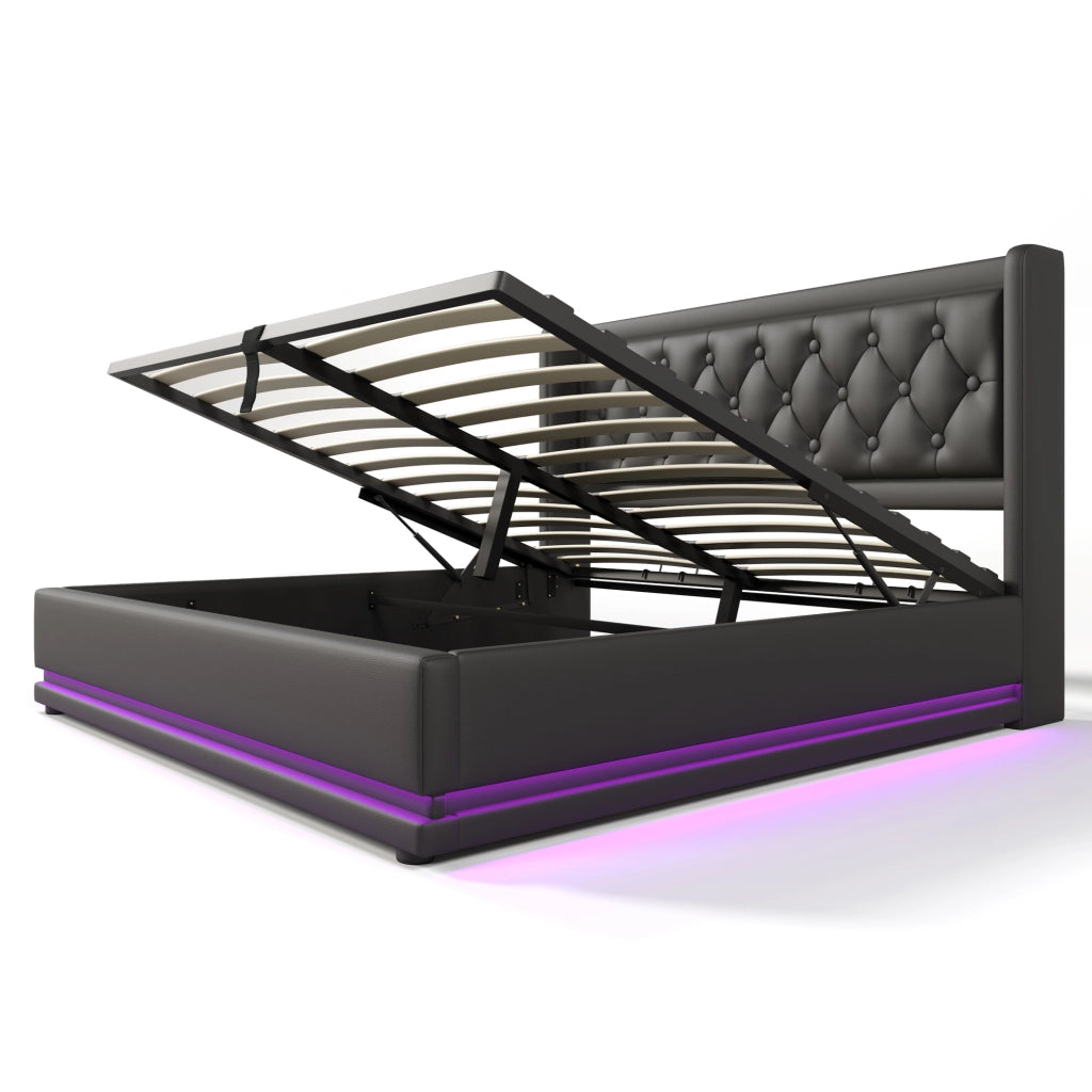 LETTO matrimoniale contenitore 180x200 cm PU nero con USB Type-C e LED