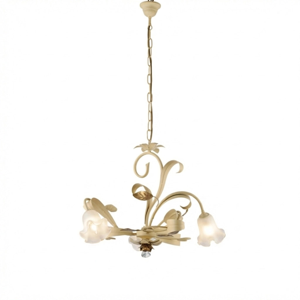 Lampadario Arte Povera Cesto Metallo Avorio E Oro 3 Luci E14