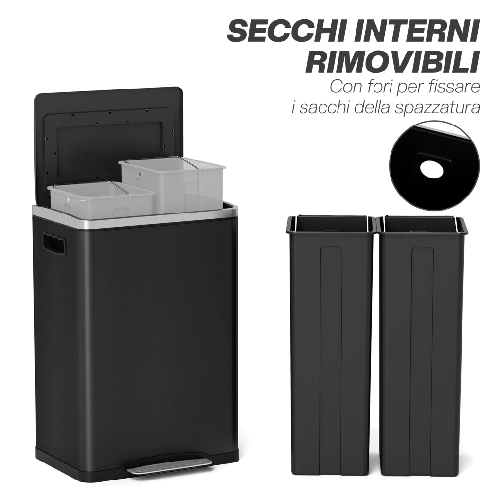 Bidone Immondizia a 2 Sezioni da 20L con Coperchio Silenzioso. in Acciaio Inox e PP. 40x34.8x59 cm. Nero