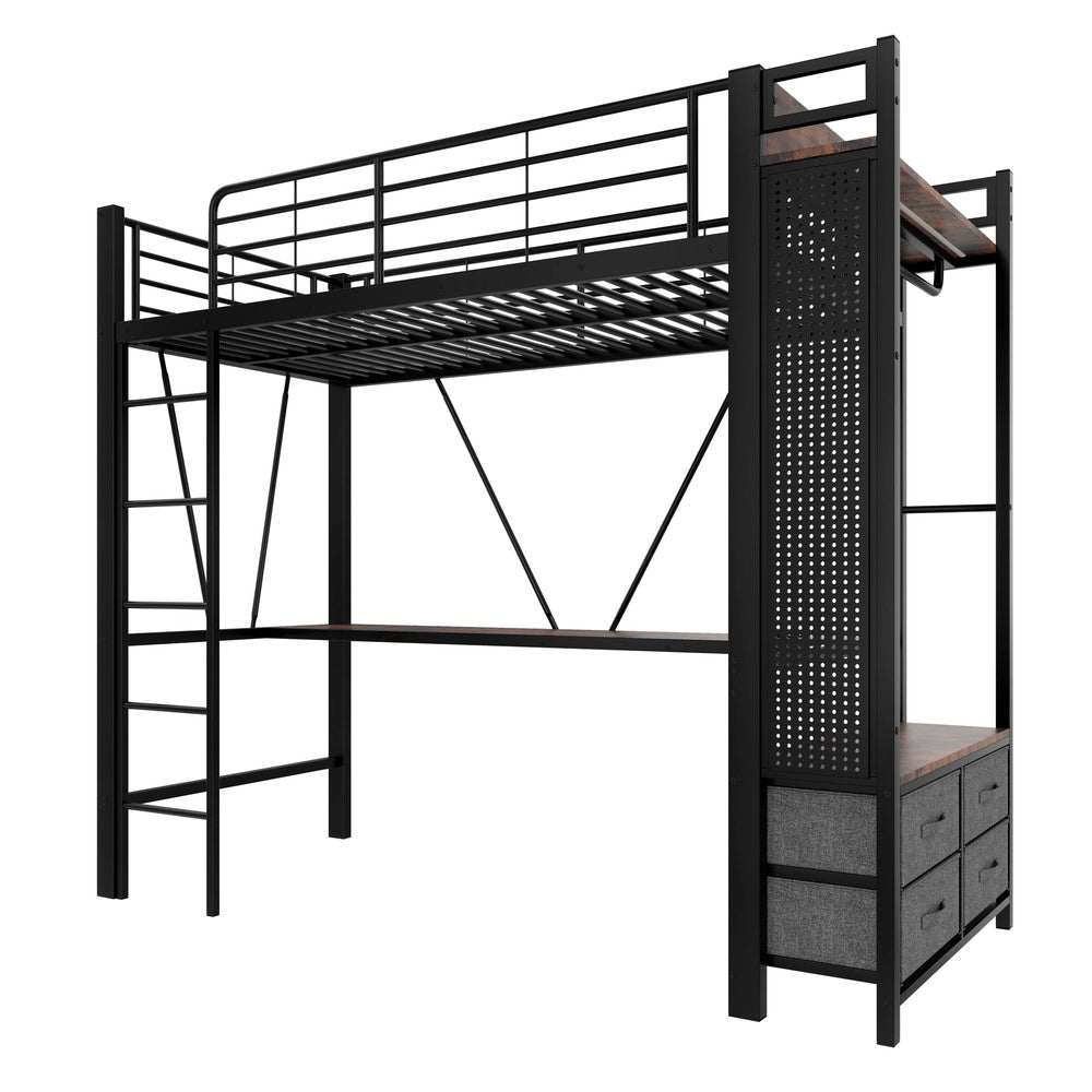 Letto a Soppalco con Scrivania e Cassetti ¨C MINIMAL ¨C LED, USB, Nero, 90x200