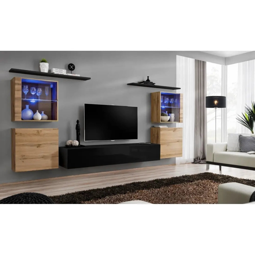 Mobile da salotto da parete SWITCH XIV design, colore nero lucido e rovere Wotan.