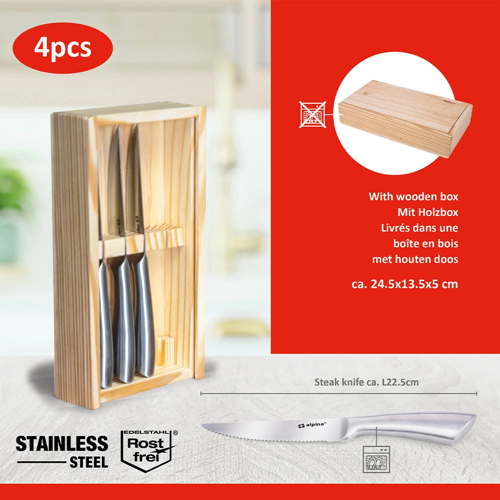 Set 4 Coltelli per Bistecca Carne e Pesce Affilati Organizer Astuccio in Legno