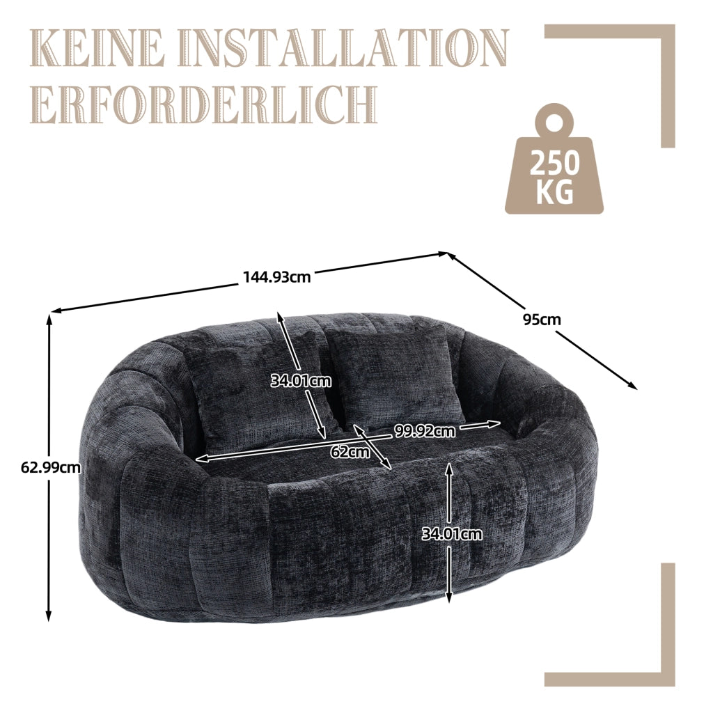 Divano Pouf 2 Posti con Braccioli e Schienale Alto; Poltrona Gaming da Pavimento in Memory Foam Confort; in Ciniglia Nero