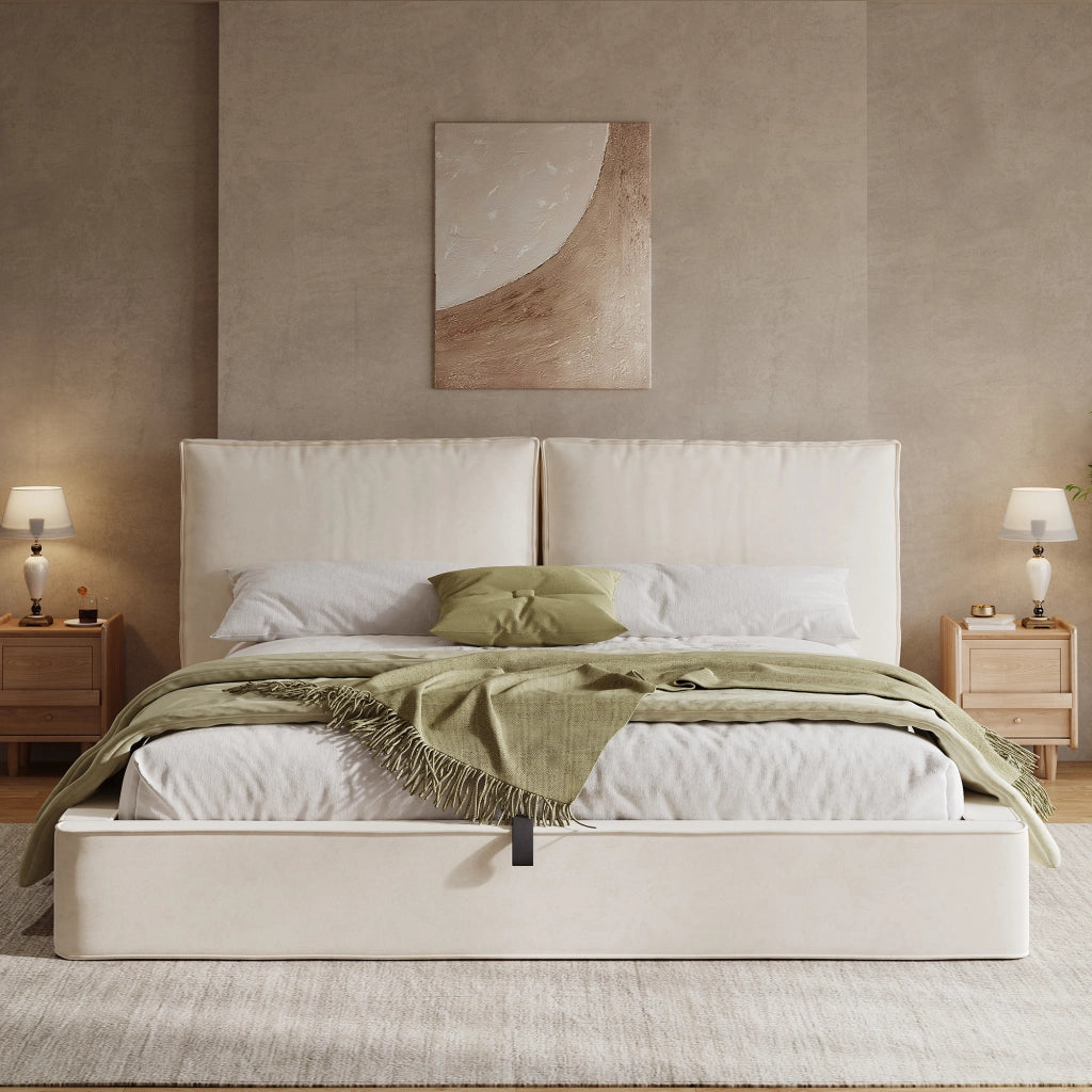 Letto matrimoniale imbottito 180x200 cm con contenitore idraulico; velluto beige; rete inclusa
