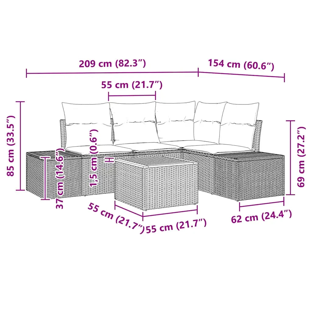 Set Divano da Giardino con cuscino 5 pcs Beige polyrattan 3347953