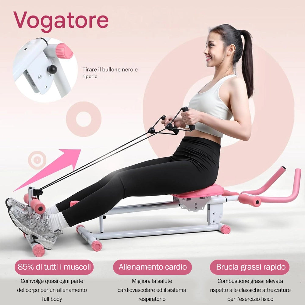 Macchina per Addominali Attrezzo Fitness Multiuso Pieghevole Vogatore in Acciaio Rosa