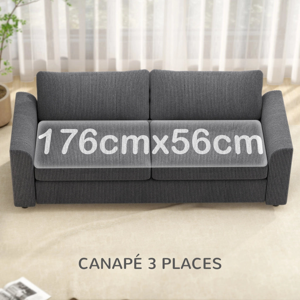 Divano 3 posti velluto a coste ¨C Xylo ¨C grigio scuro con 2 cuscini e molle 212 cm