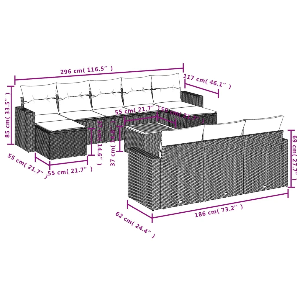 Set Divani da Giardino 11 pz con Cuscini Beige in Polyrattan 3224343