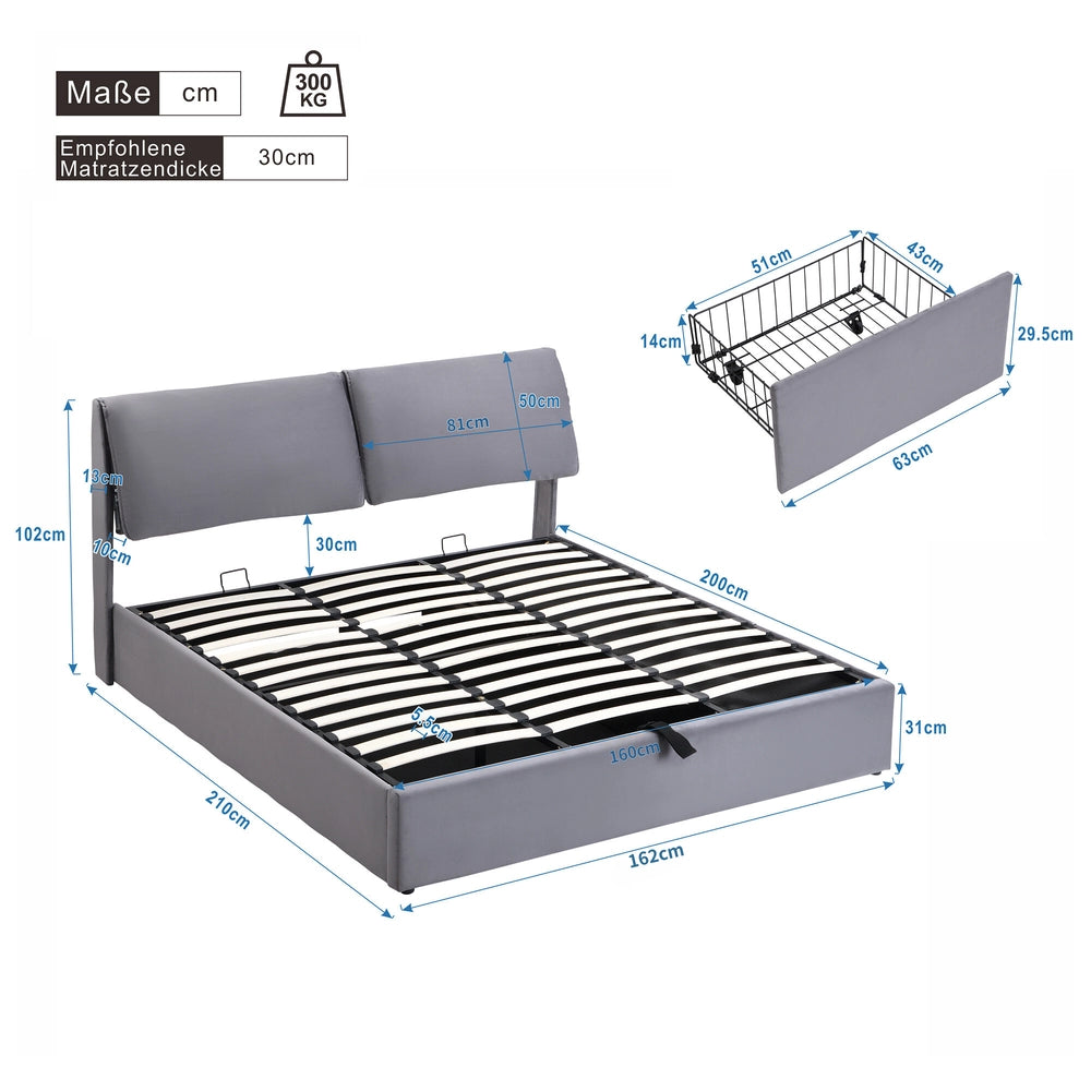Letto Contenitore Imbottito con Testiera ¨C MINIMAL ¨C Velluto Grigio 160x200
