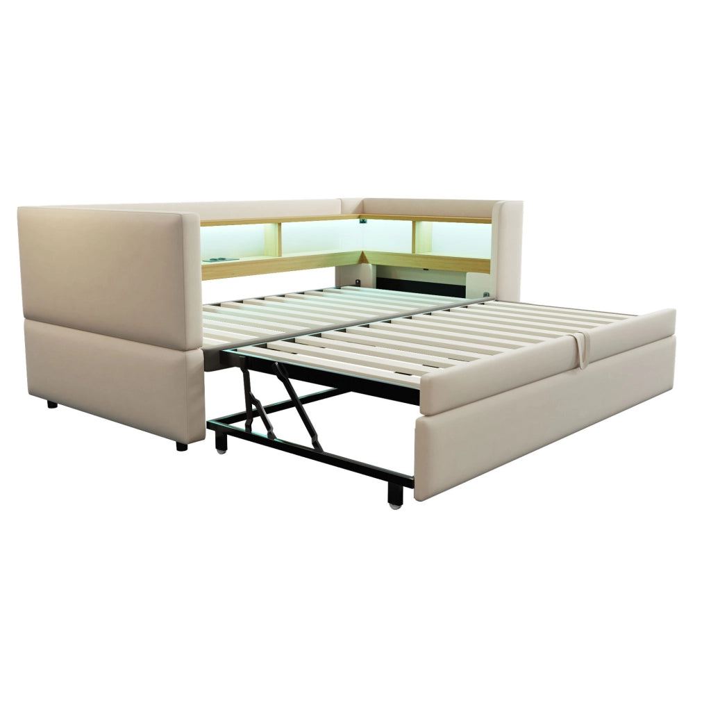 Divano letto imbottito multifunzione con vani contenitore, LED e prese integrate
