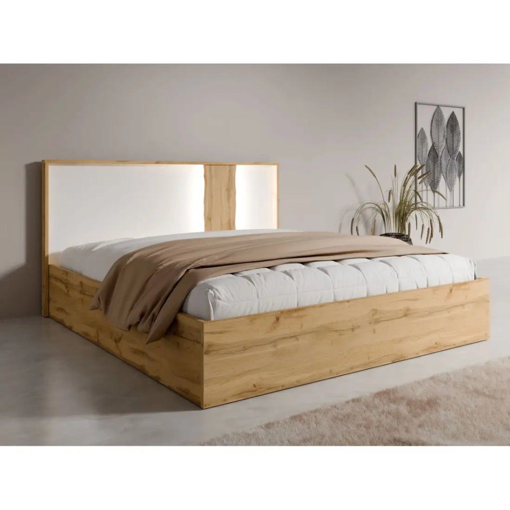 Camera WOOD color rovere e bianco con letto 180x200 LED, comò, comodini e armadio