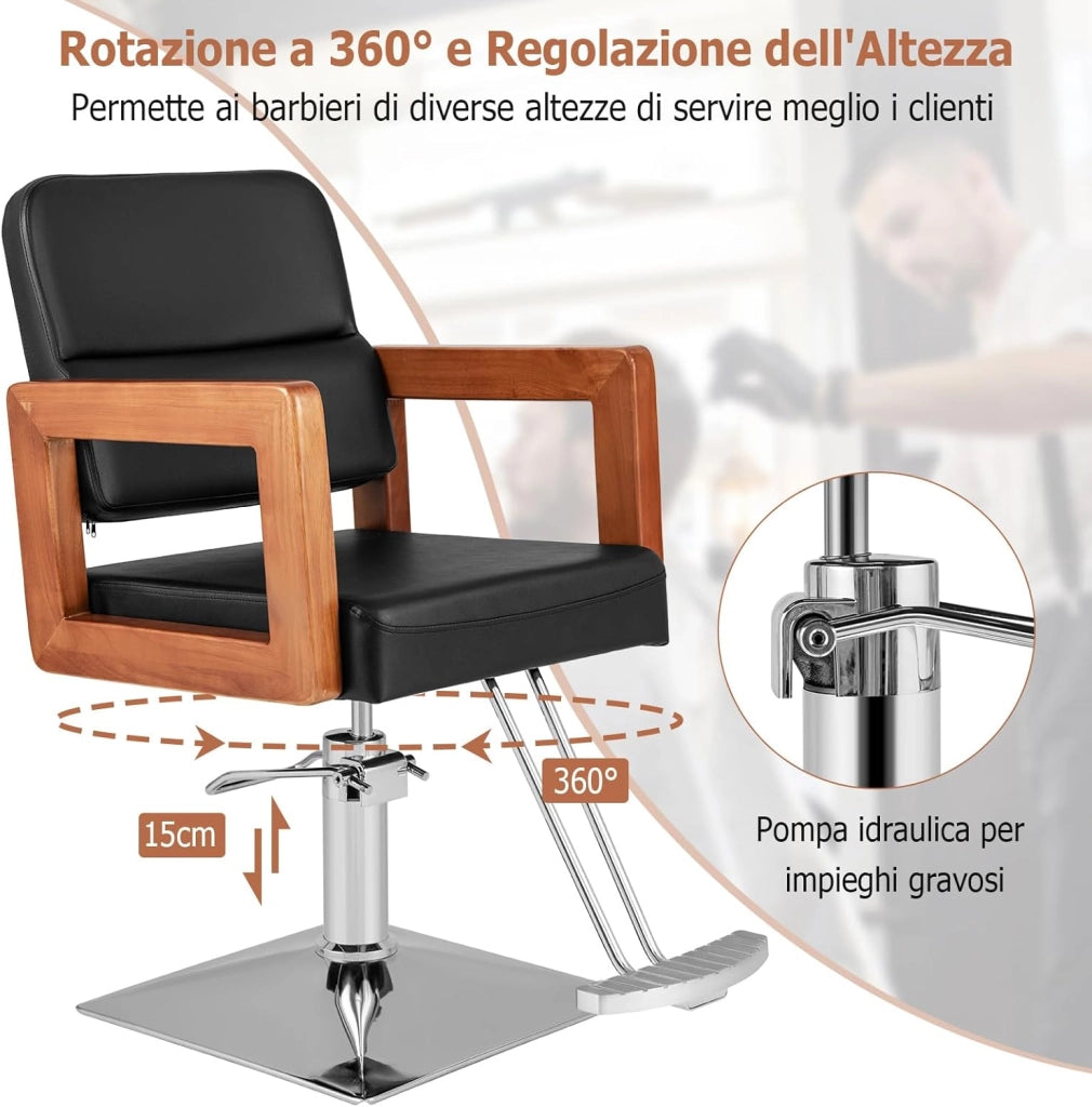 Poltrona da Barbiere, Sedia da Barbiere Girevole a 360°, Regolabile in Altezza, con Braccioli in Legno Massello, Portata 150 kg