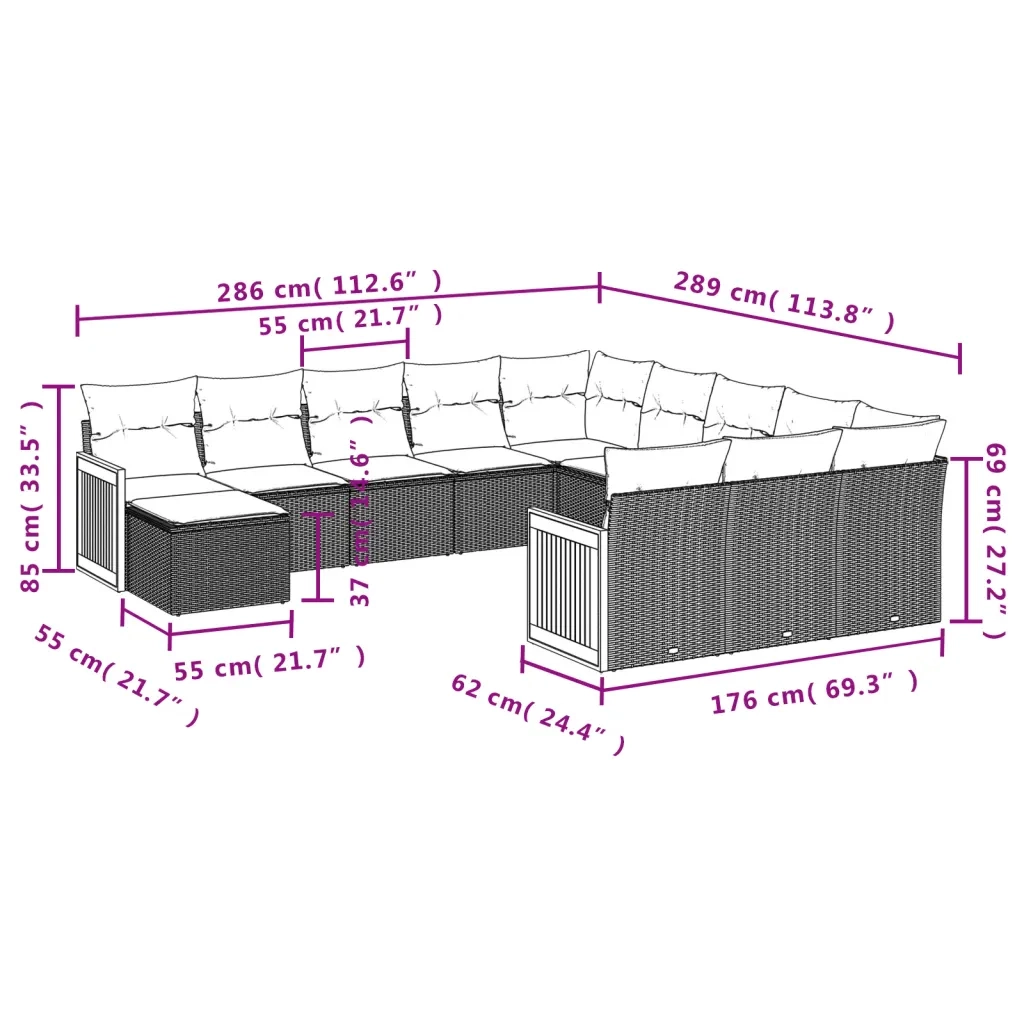Set Divani da Giardino 12 pz con Cuscini Nero in Polyrattan 3228260